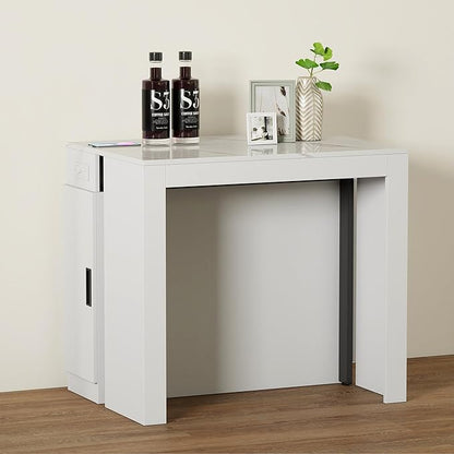 Extendable Dining Table with Storage, Transformer Extra Console Table for 1-12 People, Folding Space Saving Dining Room Table with Built-in Outlet for Homes, Apartments, Marble White