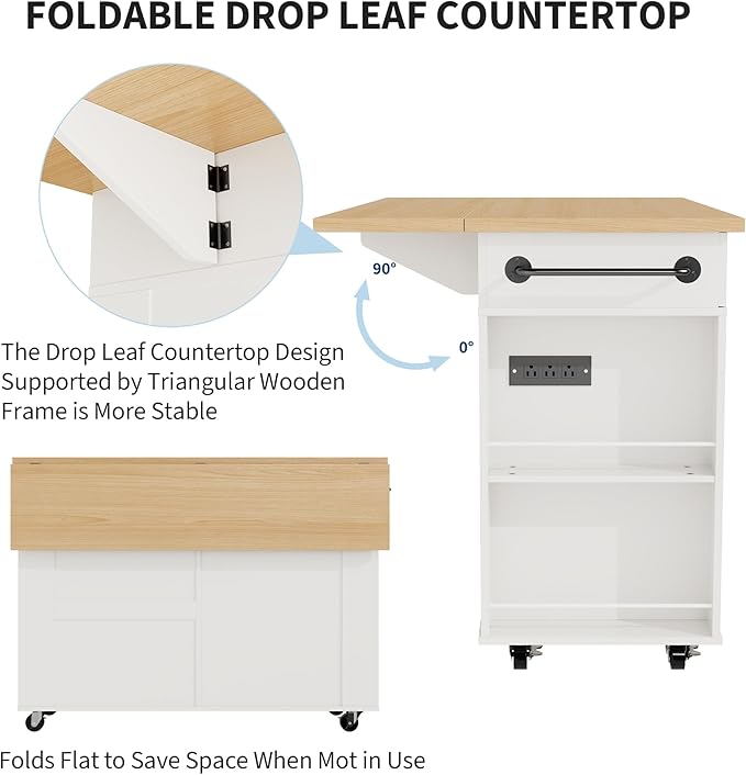IDEALHOUSE Rolling Kitchen Island with Drop Leaf Countertop, Charging Station & Ample Storage - 47.2" Mobile Kitchen Cart On Wheels with Pull-Out Shelves, Drawers, Spice Rack & Organizer Divider
