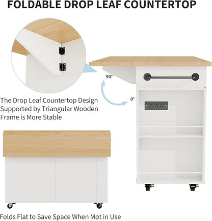 IDEALHOUSE Rolling Kitchen Island with Drop Leaf Countertop, Charging Station & Ample Storage - 47.2" Mobile Kitchen Cart On Wheels with Pull-Out Shelves, Drawers, Spice Rack & Organizer Divider
