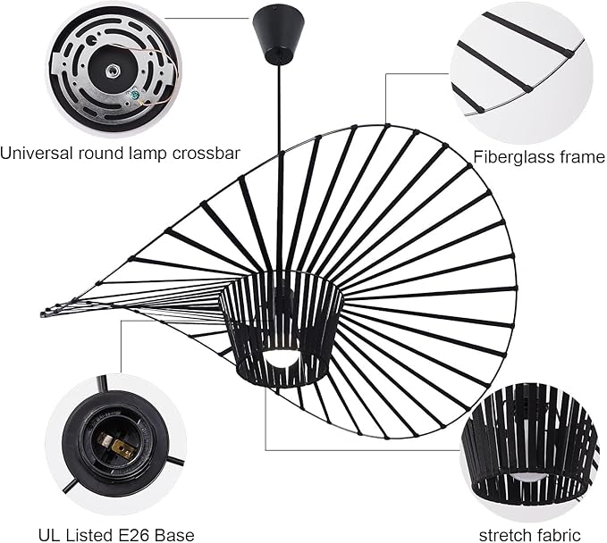 Modern Black Woven Chandelier, 55.1" Farmhouse Coastal Hat Pendant Light Fixtures Matte Black Handwoven Shade Boho Pendant Hanging Lamp for Kitchen Dining Room Bedroom Foyer Hallway
