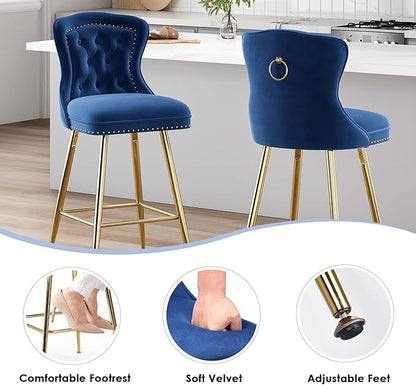Bar Stools Set of 2, Velvet Counter Height Bar Stools with Metal Legs, Button Tufted and Nailheads Trim, Wing Back Bar Chairs for Kitchen Island Dining Room Pub, Blue VA878