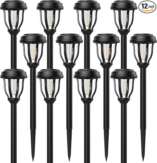 DERAYSION 12 Pack Solar Lights Outdoor, Solar Pathway Lights Auto On/Off Waterproof LED Garden Lights for Landscape Path, Yard, Walkway, Driveway, Sidewalk, Cold White