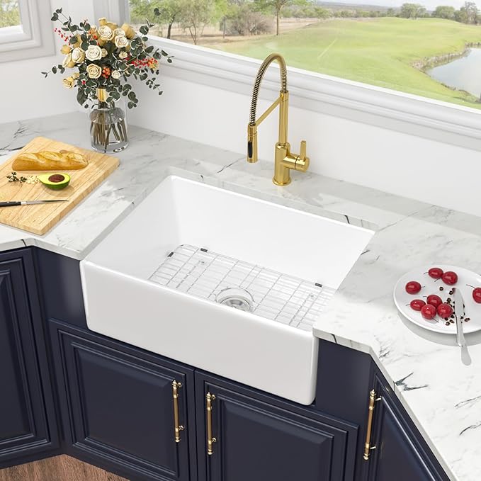 28 White Farmhouse Kitchen Sink - Kichae 28 Inch Farmhouse Kitchen Sink Apron Front White Fireclay Ceramic Porcelain Single Bowl Basin