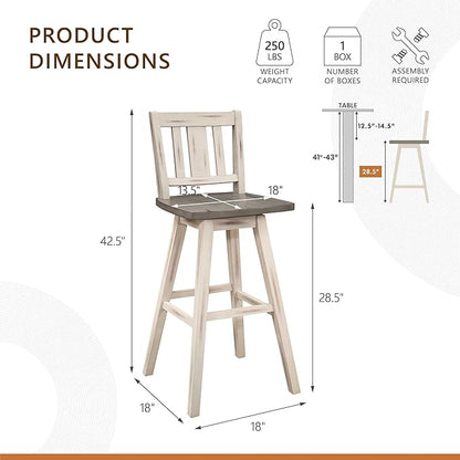 Lexicon Bar Height Bar Stools Set of 2-Solid Wood Frame 360° Swivel Wooden Stools, Foot Rest, Slat Back, Wide Seat, Distressed Farmhouse Easy to Clean Finish, 28.5" SH, Antique White/Grey