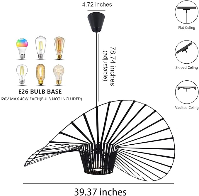 Modern Black Woven Chandelier, 39.37" Farmhouse Coastal Hat Pendant Light Fixtures Matte Black Handwoven Shade Boho Pendant Hanging Lamp for Kitchen Dining Room Bedroom Foyer Hallway