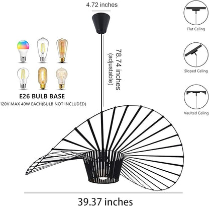 Modern Black Woven Chandelier, 39.37" Farmhouse Coastal Hat Pendant Light Fixtures Matte Black Handwoven Shade Boho Pendant Hanging Lamp for Kitchen Dining Room Bedroom Foyer Hallway
