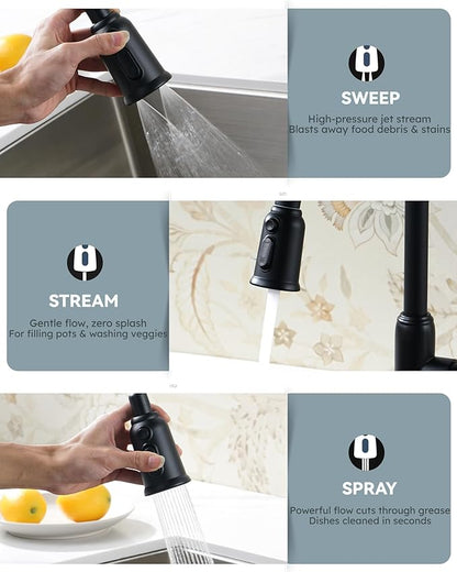 WOWOW Black Kitchen Faucet with Sprayer: 304 Stainless Steel Kitchen Sink Faucet for 1 or 3 Hole, High Arc Single Handle Mixer Taps with Deck Plate, Vintage Style
