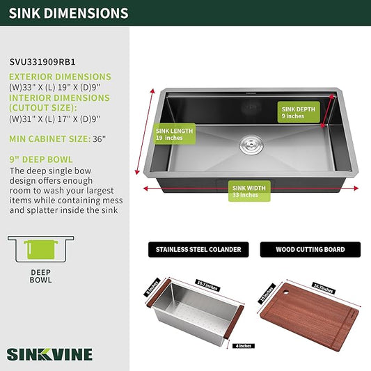 33-inch Black Undermount Kitchen Sink Workstation, SINKVINE 33x19 Large Outdoor Prep Sink, PVD Nano Stainless Steel Single Bowl w/Wood Cutting Board, SST Colander, and Roll-up Dish Drying, Dark Gray
