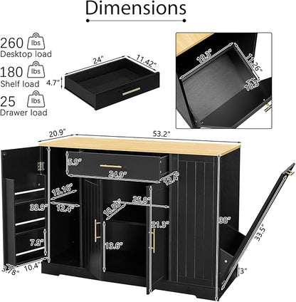 GOWE 53'' Kitchen Storage Islands with Drawers and Trash Can Storage for Kitchen & Dining. Modern Farmhouse Design, Black, 53.2" W x 20.9" D x 38.0" H.