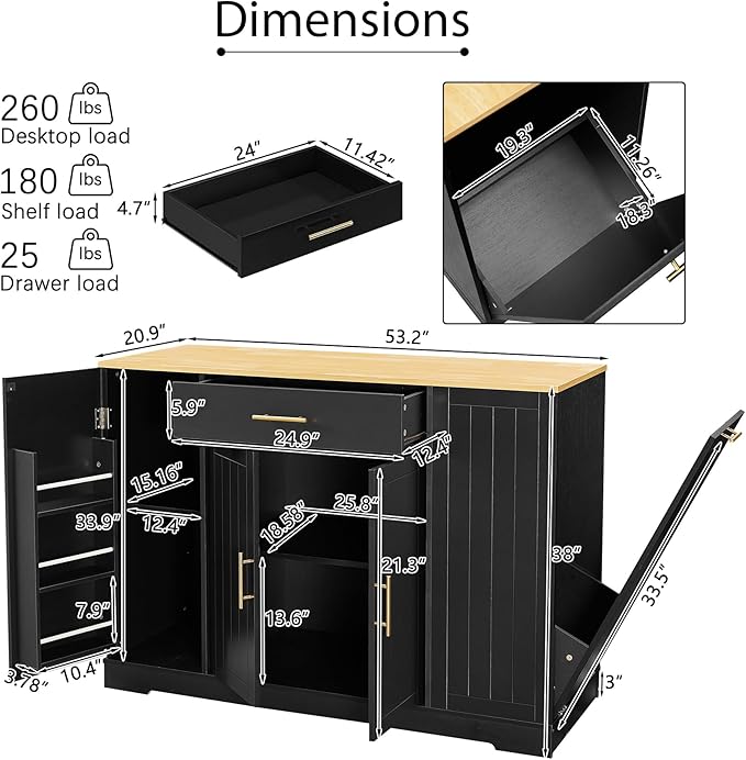 53 inch Large Kitchen Island Cart with Trash Can Storage Cabinet,Drawer and Adjustable Shelves,Breakfast Bar Cabinet for 13 Gallon Garbage Bin (Black+Oak@w)