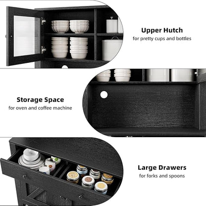 GarveeHome Kitchen Pantry Cabinet with Microwave Stand, Freestanding Hutch Cabinet with Buffet Cupboard, Tall Kitchen Cabinets with Adjustable Shelves for Dining Room, Black