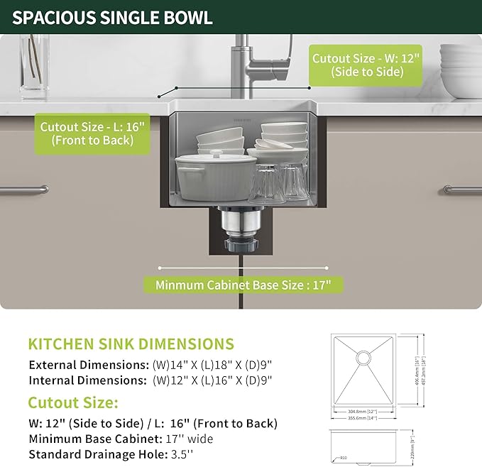 Bar Sink Undermount 14 x 18 inch, SINKVINE Stainless Steel Kitchen Sink for Outdoor RV, Single Bowl Wet Bar Prep Basin, with 3.5-inch Drain Strainer, Bottom Rise Grid, Roll-up Drying Unit, Brushed