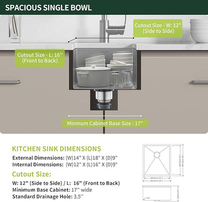 Bar Sink Undermount 14 x 18 inch, SINKVINE Stainless Steel Kitchen Sink for Outdoor RV, Single Bowl Wet Bar Prep Basin, with 3.5-inch Drain Strainer, Bottom Rise Grid, Roll-up Drying Unit, Brushed