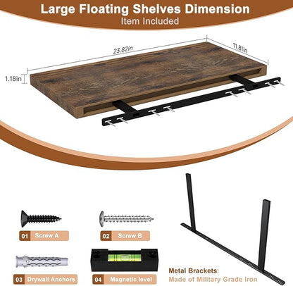 Large Floating Shelves for Wall 24" W x 12" D x 1.2" H Deep Floating Shelves 1 Pack Floating Shelf Large Storage Space Wall Mount Shelf for Living Room Kitchen Bathroom Rustic Brown