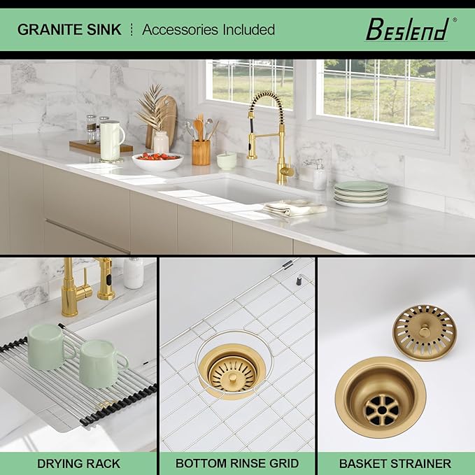 33 Granite Composite Kitchen Sink - Beslend 33x19 Inch Granite Kitchen Sink Undermount White Quartz Sink Classic Under Counter Single Bowl Sink Basin