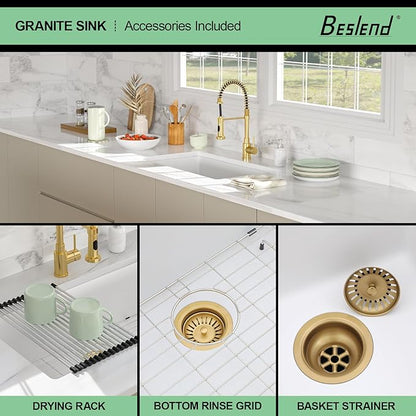 33 Granite Composite Kitchen Sink - Beslend 33x19 Inch Granite Kitchen Sink Undermount White Quartz Sink Classic Under Counter Single Bowl Sink Basin