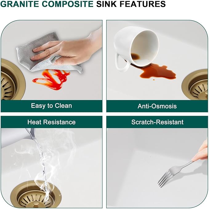33x22 White Granite Composite Drop-In Kitchen Sink, Single Bowl Classic Quartz Composite Workstation All-In One Sink with Mixing Bowl, Pasta Strainer, Two-Holes Configuration #TLGT-114