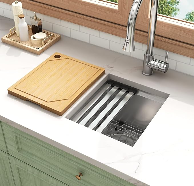 LQS 13 Inch Undermount Bar Sink, Stainless Steel RV Kitchen Sink, 10" Depth Small RV Kitchen Sink, 16 Gauage Stainless Steel Material, Workstation Ledge With Cutting Board and Abundant Accessories