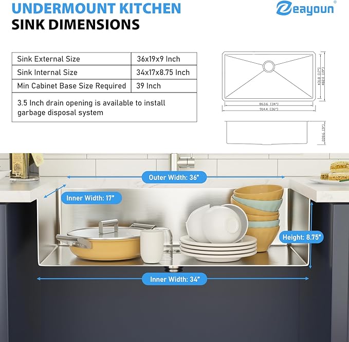36 Inch Undermount Kitchen Sink 16 Gague Stainless Steel Single Bowl Handmade Sinks Round Corners Large Deep Under Counter Basin, 36"x19"x9"