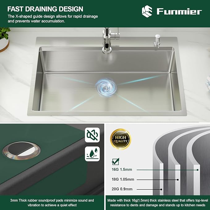 33 x 22 Inch Drop In Kitchen Sink 33 x 22 Stainless Steel Topmount Sink Ledge Workstation 16 Gauge Single Bowl Above Counter Handmade Basin