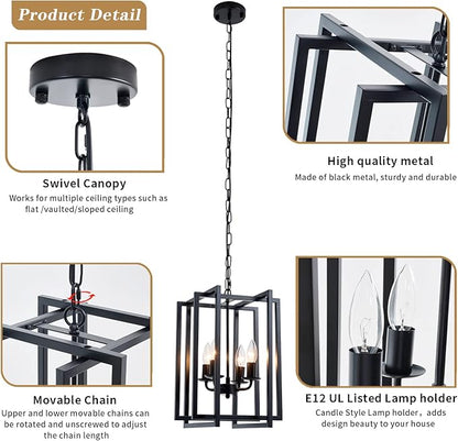 Farmhouse Lantern Chandelier Light Fixture Black, 4-Light Rustic Industrial Pendant Lighting, Adjustable Height Modern Square Cage Hanging Lights for Hallway Kitchen Island Living Room Bedroom