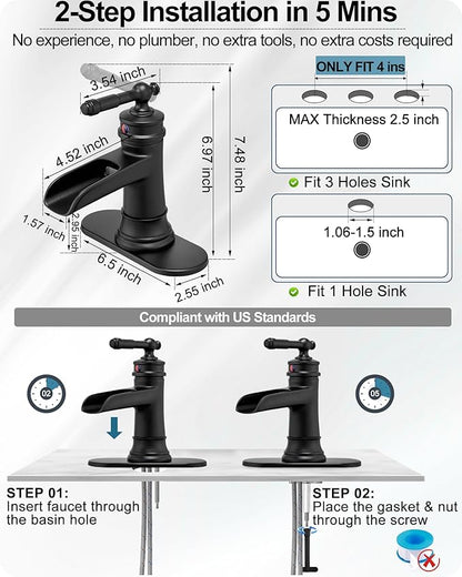 Waterfall Bathroom Faucet Black, Brass 1 Hole Bathroom Faucets Single Handle, 3 Holes 4 Inch with Pop-up Drain, Deck Plate & Supply Hoses for Vanity Lavatory RV, 5 Mins Quick Installation