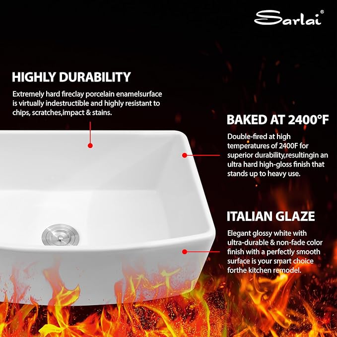 Sarlai 30 White Farmhouse Sink - 30 Inch Kitchen Sink Arch Edge Curved Apron Front Ceramic Porcelain Fireclay Single Bowl Farmer Sinks