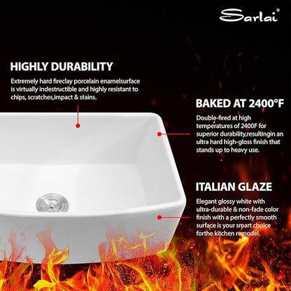 Sarlai 30 White Farmhouse Sink - 30 Inch Kitchen Sink Arch Edge Curved Apron Front Ceramic Porcelain Fireclay Single Bowl Farmer Sinks