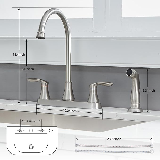 Friho Kitchen Faucet with Side Sprayer, Brushed Nickel Stainless Steel Kitchen Faucets with Supply Line, 3 or 4 Hole 2 Handle Kitchen Sink Faucet for RV Laundry Utility Bar