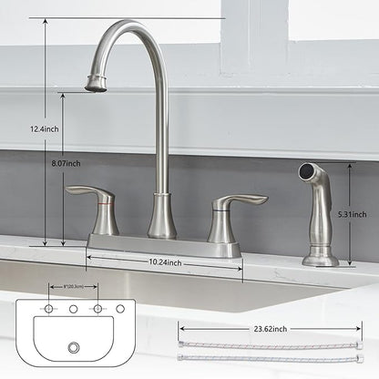 Friho Kitchen Faucet with Side Sprayer, Brushed Nickel Stainless Steel Kitchen Faucets with Supply Line, 3 or 4 Hole 2 Handle Kitchen Sink Faucet for RV Laundry Utility Bar