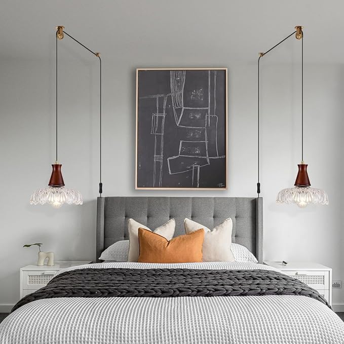 YLONG-ZS Plug in Pendant Light,8 Inch Glass Lampshade Hanging Lights with Plug in Cord Two Ways Switches Industrial Brass Pendant Lights with Plug in Cord for Bedroom