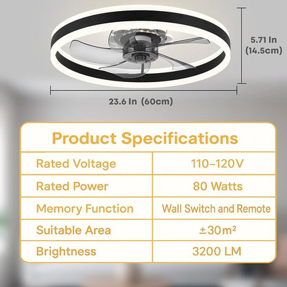 Fszdorj 23.6'' Ceiling Fan with Light, Upgraded Low Profile Fan, Flush Mount Ceiling Fan, 6 Speeds, Dimmable LED, App & Remote Control, Quiet DC Motor, for Bedroom, Living Room, F105 Black