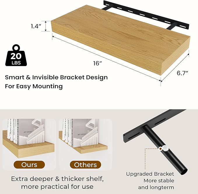 Dreamland 16 Inches Floating Shelves for Wall, 6.7 Inch Deep Floating Shelves Set of 2, Large Display & Storage Shelf, Wall Shelf for Bathroom Bedroom Living Room Kitchen Office,Oak