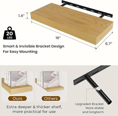 Dreamland 16 Inches Floating Shelves for Wall, 6.7 Inch Deep Floating Shelves Set of 2, Large Display & Storage Shelf, Wall Shelf for Bathroom Bedroom Living Room Kitchen Office,Oak