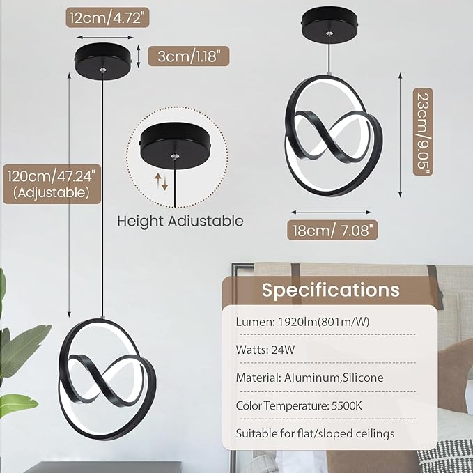 Modern LED Pendant Light Fixtures 5500K Pendant Lights Kitchen Island Lighting Adjustable Height Black Hanging Lamp for Dining Room Bedroom Living Room,3 Packs