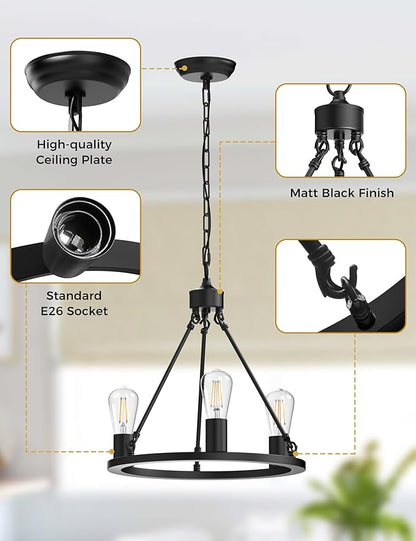 L LOHAS LED Black Farmhouse Chandeliers for Dining Room, 3-Light Wagon Wheel Chandelier Over Table, Height Adjustable, 16" Dining Room Light Fixtures, Modern Chandelier for Kitchen Island Living Room
