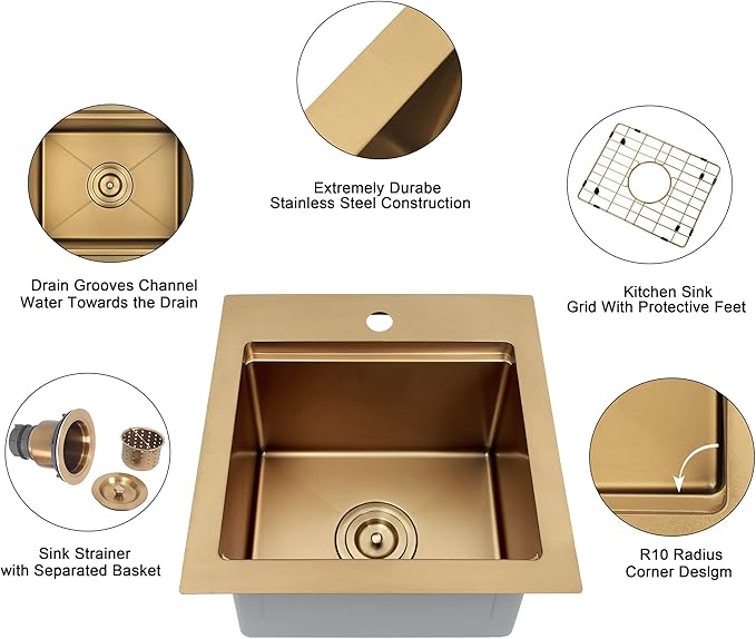 17 Inch Gold Sink Undermount, 16 Gauge 304 Stainless Steel Workstaion Kitchen Sinks with Ledge & Accessories, 17" x 17" x10" Deep Bowl For Outdoor, RV,Prep Sink, and Wet Bar