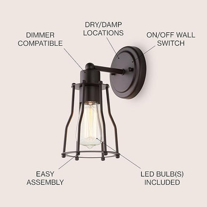 JONATHAN Y 5.13" Oil Rubbed Bronze Modern Industrial Metal Vanity Light, Bathroom Sconce for Mirror, Reversible 1-Light Wall Lamp with Metal Cage Shade for Hallway, LED Bulb Included (JYL7419A)