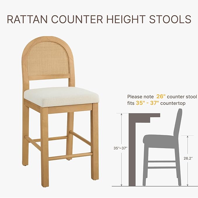 Rattan Counter Height Bar Stools Set of 3, Upholstered Farmhouse Barstools with Natural Rattan Back, Wooden Legs for Kitchen Island, Natural/Linen