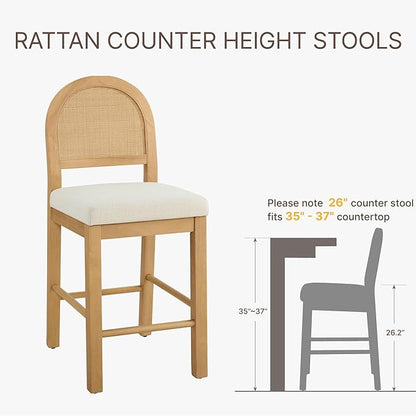 Rattan Counter Height Bar Stools Set of 3, Upholstered Farmhouse Barstools with Natural Rattan Back, Wooden Legs for Kitchen Island, Natural/Linen