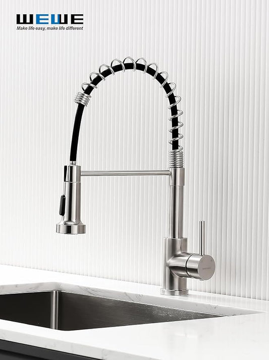 WEWE Kitchen Sink Faucet, Kitchen Faucets with Pull Down Sprayer Stainless Steel Single Handle Single Hole Brushed Nickel Commercial Industrial Spring Pull Out Laundry Farmhouse Kitchen Faucet