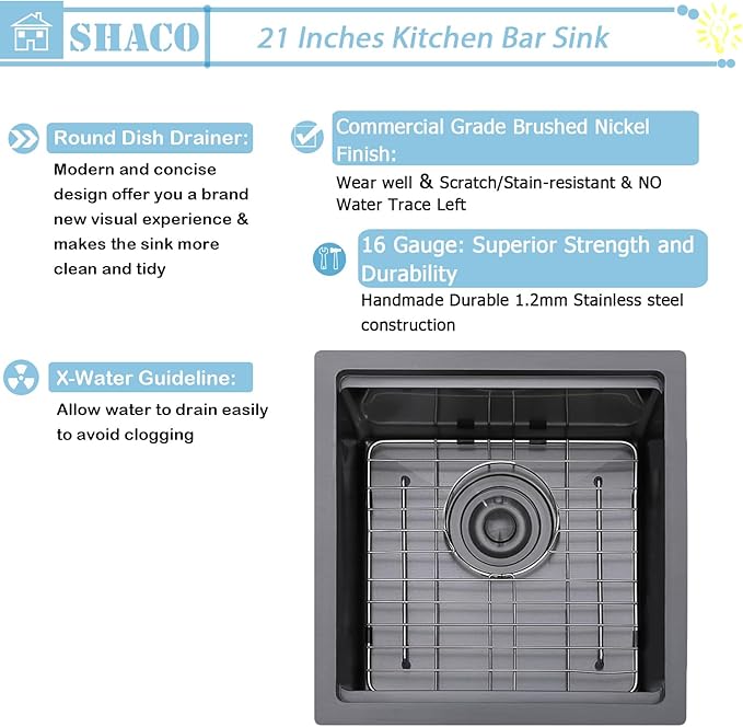 SHACO 21x20 Inch Black Kitchen Sink, 21 Inch Gunmetal Black Undermount Single Bowl Stainless Steel 16 Gauge Workstation Laundry Bar Sink with Accessories