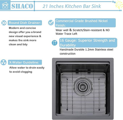 SHACO 21x20 Inch Black Kitchen Sink, 21 Inch Gunmetal Black Undermount Single Bowl Stainless Steel 16 Gauge Workstation Laundry Bar Sink with Accessories