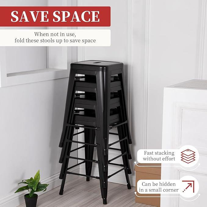 FDW Metal Bar Stools Set of 4 Counter Height Bar Stools 24 Inches Industrial Bar Chairs Patio Stool Stackable Backless Stool Indoor Outdoor Metal Kitchen Stools Bar Chairs (Black, 24")