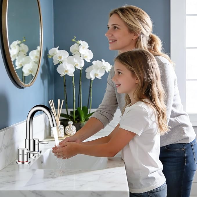 FGKQ Bathroom Faucet for Sink 3 Hole, Chrome Bathroom Sink Faucet with Pop-Up Drain and Water Supply Lines, 8 inch Widespread Vanity Faucet 2 Handle with 360° Swivel