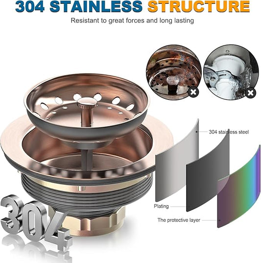 BOTEMY Stainless Steel Copper Sink Drain Strainer Kit 3-1/2 inch Kitchen Drain Assembly with Metal Center Knob Basket Stopper Replacement for Standard Kitchen Sinks, Antique Copper