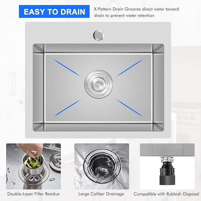 MENATT 23-inch Single Hole Single Bowl Kitchen Sink Drop in, 18 Gauge 304 Stainless Steel Handmade Topmount/Drop In Kitchen Sinks with 9" Deep Bowl Sink, Brushed