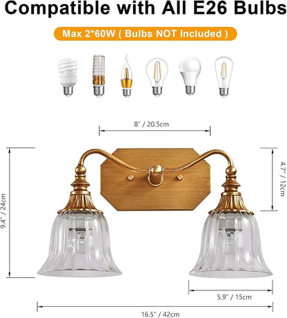 LmnLvn Bathroom Vanity Gold Light Fixture, 2 Lights Bathroom Lighting Matte Antique Brass Finish with Crystal Glass Shade, Gold Vintage Vanity Light for Bathrooms