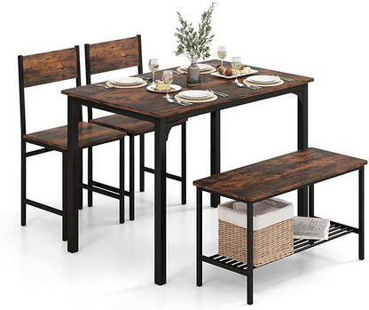LDAILY Dining Table Set for 4, 4-Piece Wooden Kitchen Table and Chairs with Bench, Storage Rack & Metal Frame, Industrial Dining Room Table Set of 4 for Small Space, Apartment, Kitchen (Teak)