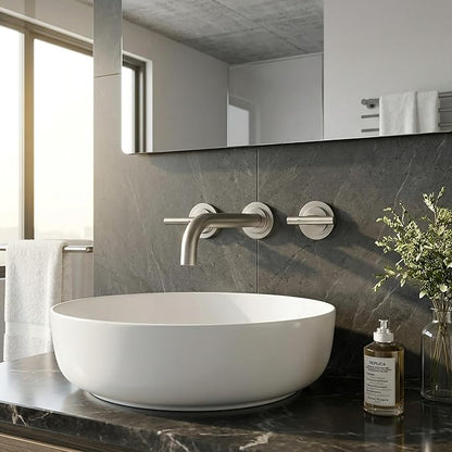 Brushed Nickel Bathroom Faucet,WOWOW 2 Handle Wall Mount Bathroom Faucet, Vessel Sink Faucet Wall Mount and Brass Rough-in Valve Included